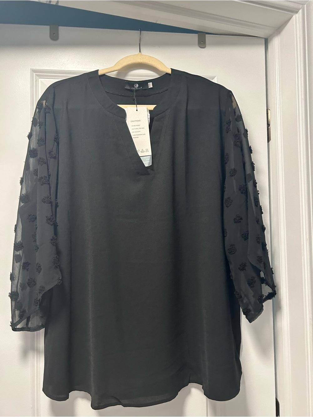 Chiffon Black Blouse with Textured Sheer Sleeves xxl